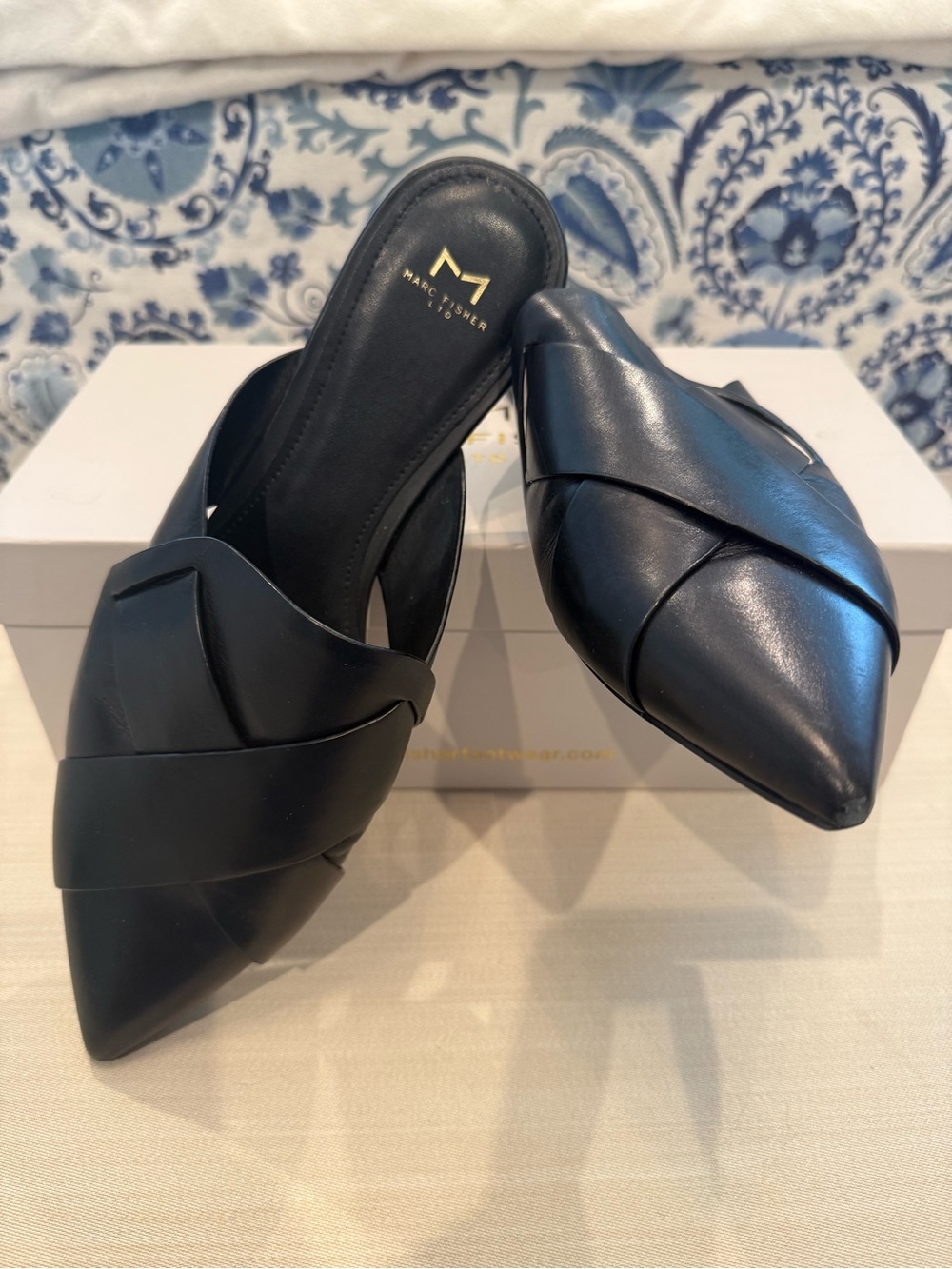 Marc Fisher Black Leather Pointed-Toe Woven Mule